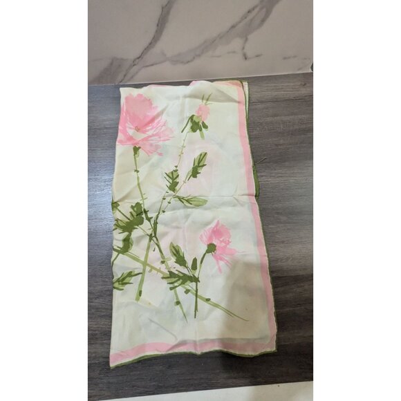 Vintage Vera Floral Silk Rayon Scarf Japan Handrolled 60s Pink Green 22x22 Retro - Picture 4 of 7